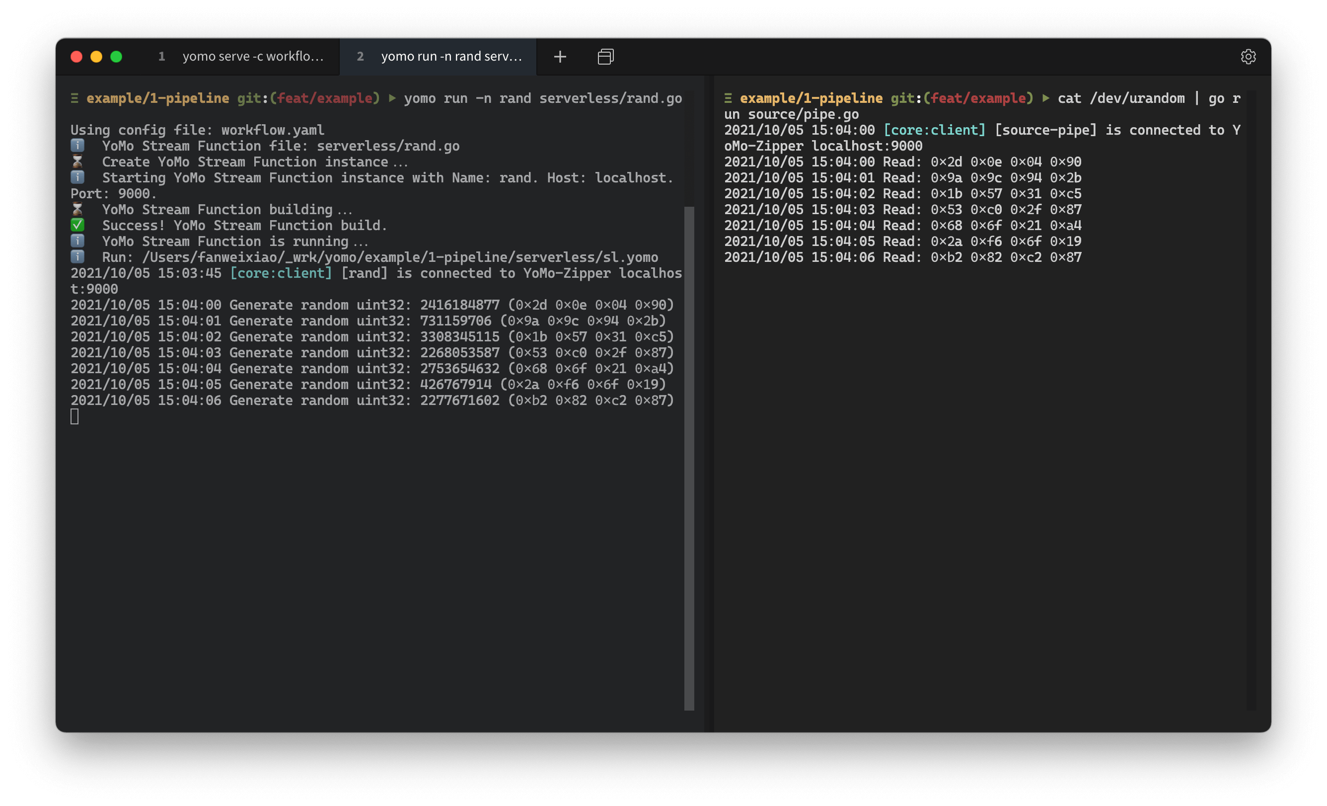 yomo example 1: unix pipeline, start source to emit data